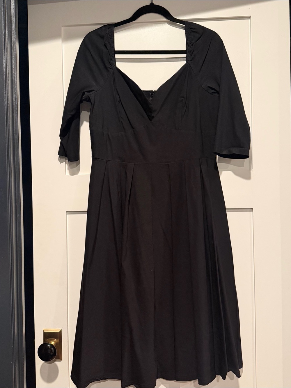 Unique Vintage Black Fit and Flare Dress with sweetheart neckline. XL